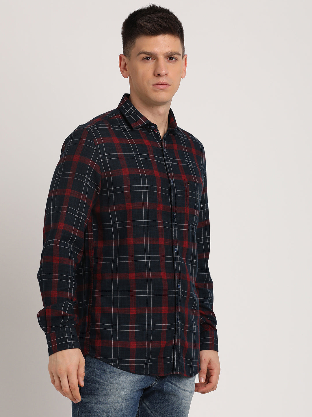 Cotton Lyocell Black Checkered Slim Fit Full Sleeve Casual Shirt