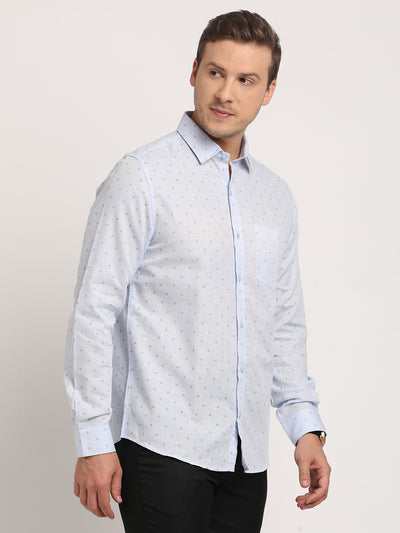 Cotton Linen Light Blue Printed Slim Fit Full Sleeve Formal Shirt