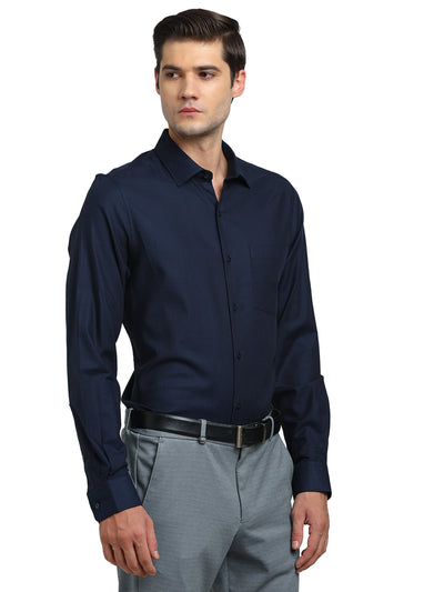 100% Cotton Navy Blue Dobby Slim Fit Full Sleeve Formal Shirt