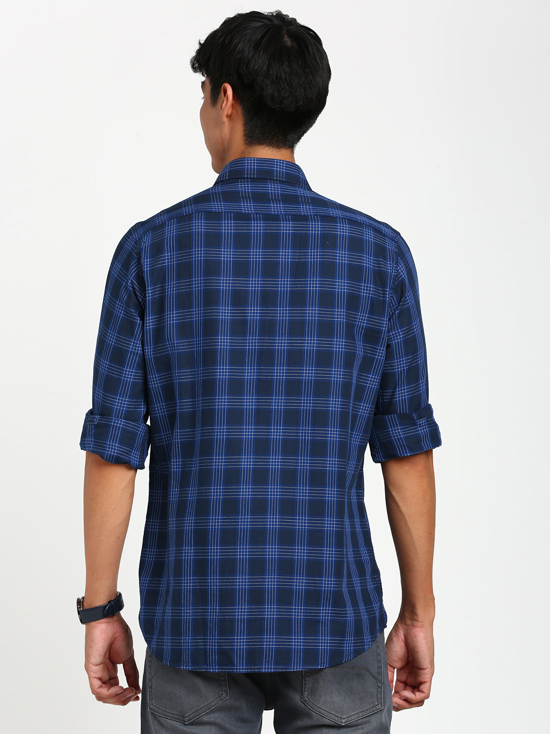 100% Cotton Navy Blue Checkered Slim Fit Full Sleeve Casual Shirt