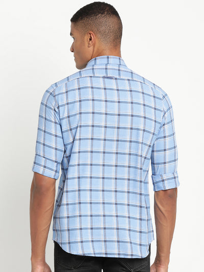 Cotton Melange Sky Blue Checkered Slim Fit Full Sleeve Casual Shirt