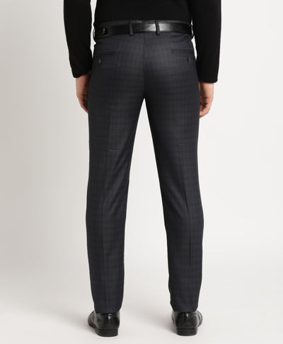 Poly Viscose Stretch Grey Checkered Slim Fit Flat Front Formal Trouser