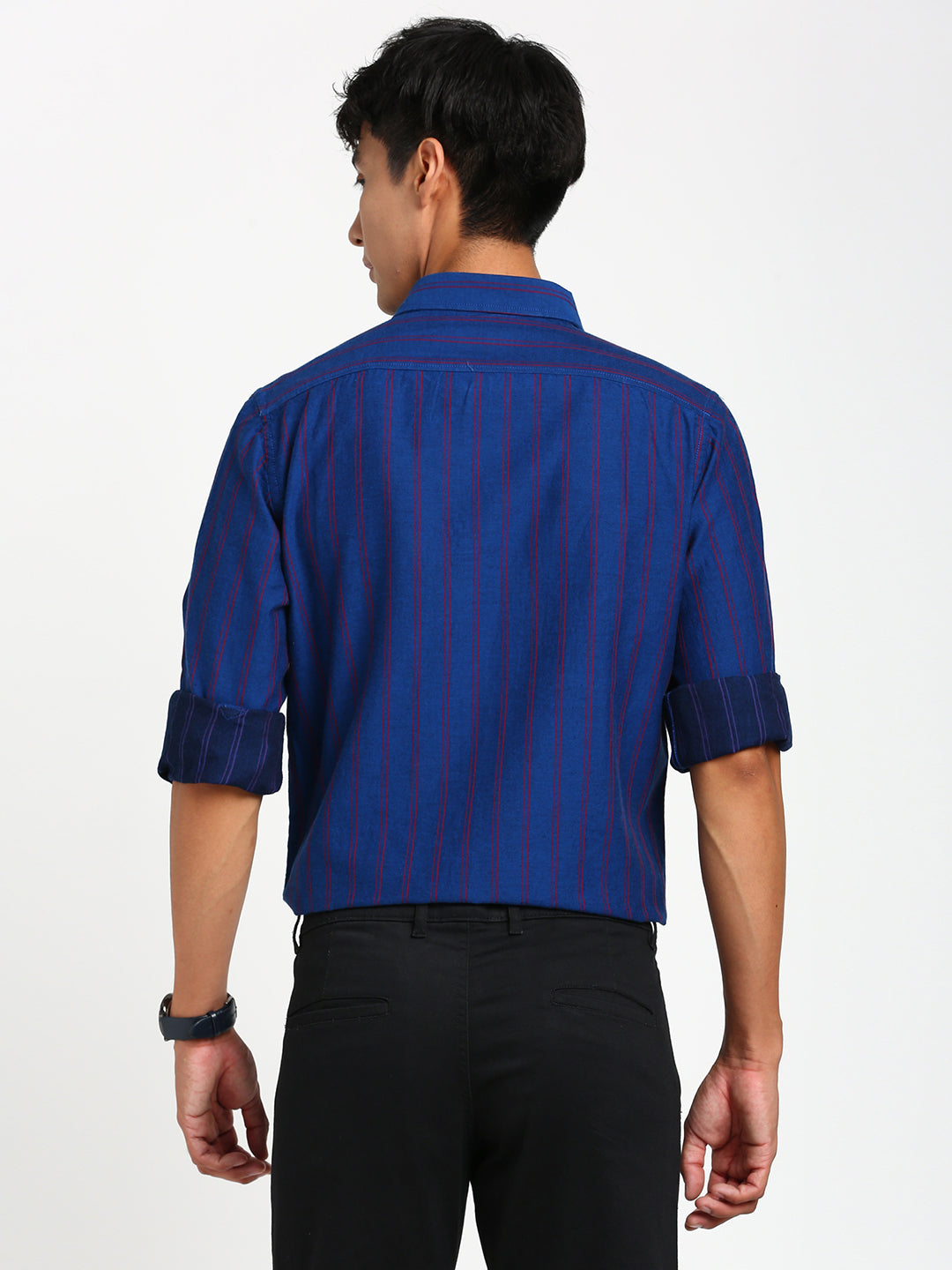 100% Cotton Indigo Blue Striped Slim Fit Full Sleeve Casual Shirt