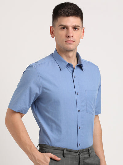 100% Cotton Blue Plain Regular Fit Half Sleeve Formal Shirt