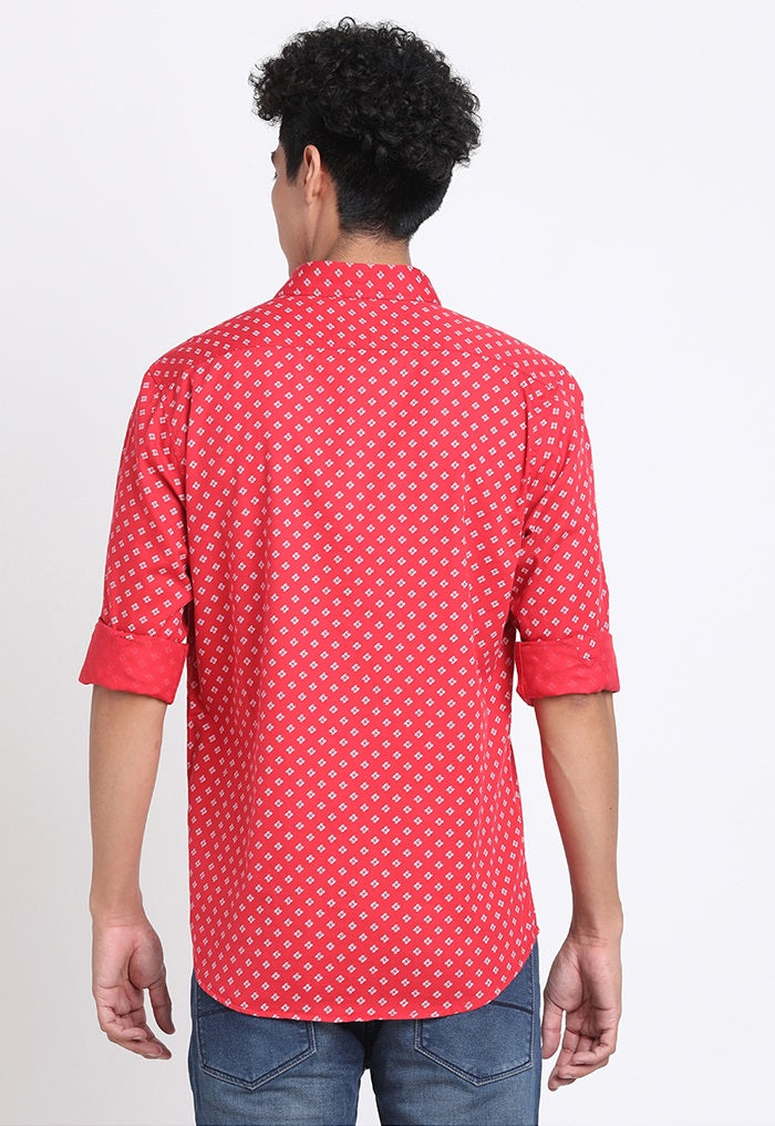 100% Cotton Red Printed Slim Fit Full Sleeve Casual Shirt