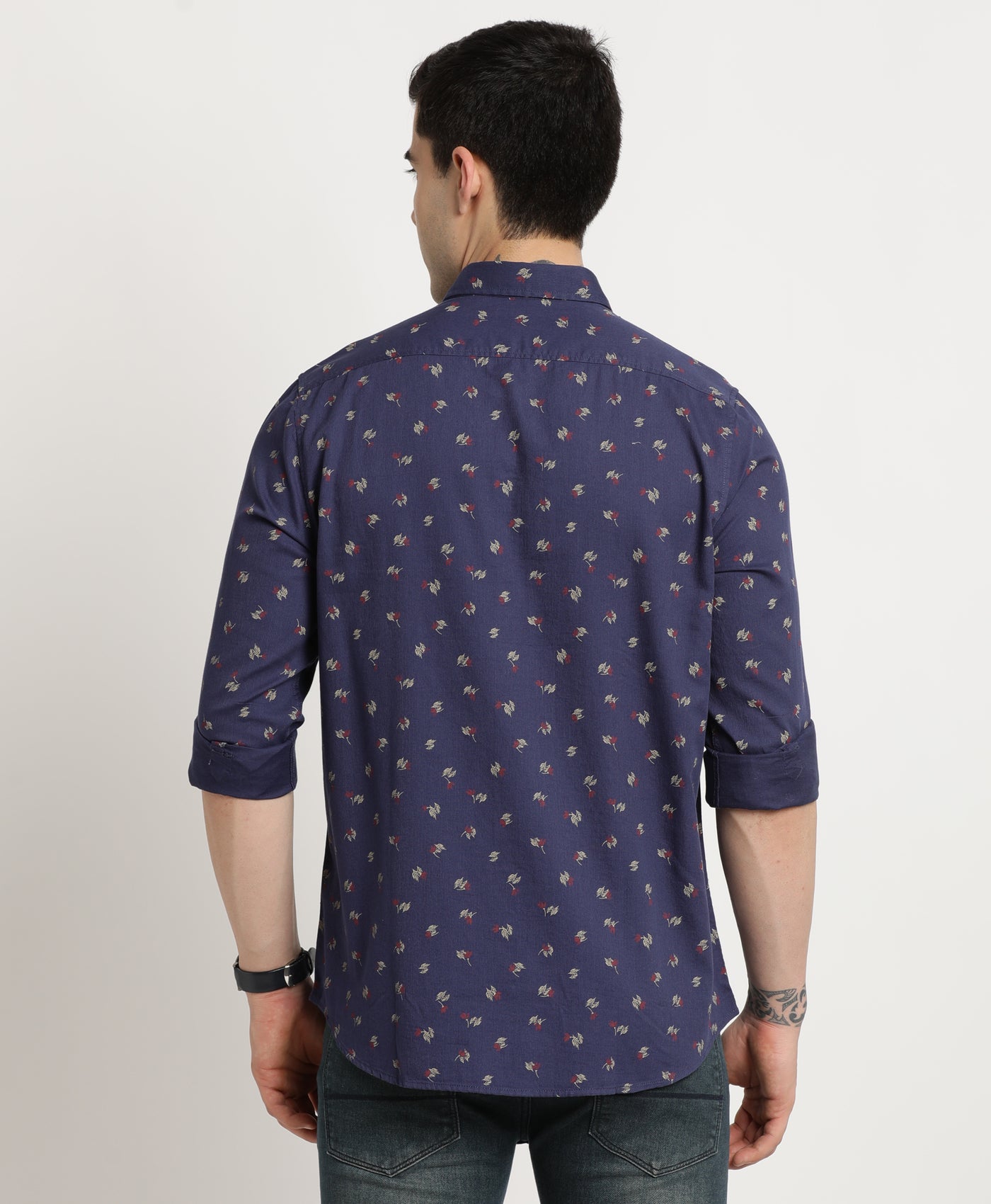 100% Cotton Navy Blue Printed Slim Fit Full Sleeve Casual Shirt