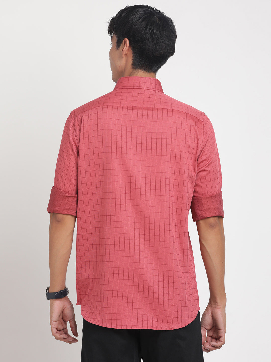 100% Cotton Red Checkered Slim Fit Full Sleeve Formal Shirt