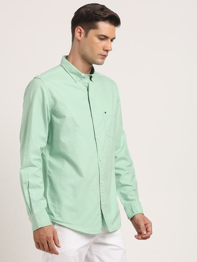 100% Cotton Light Green Plain Slim Fit Full Sleeve Casual Shirt