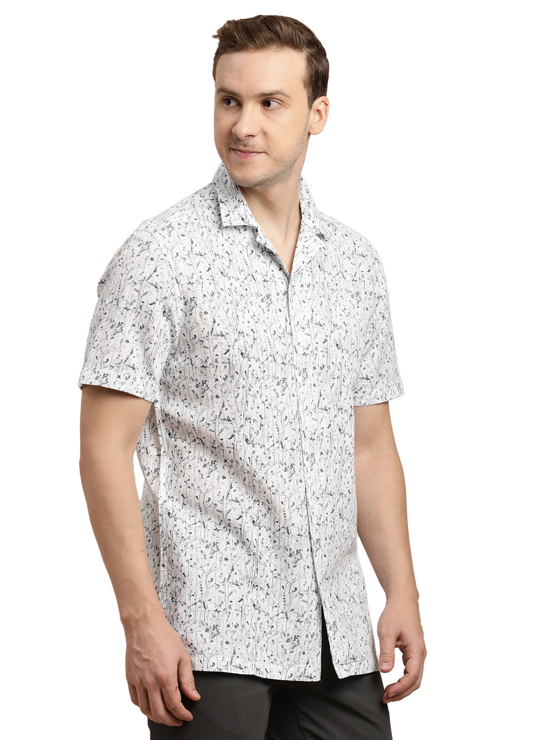 Cotton Linen White Printed Slim Fit Half Sleeve Casual Shirt