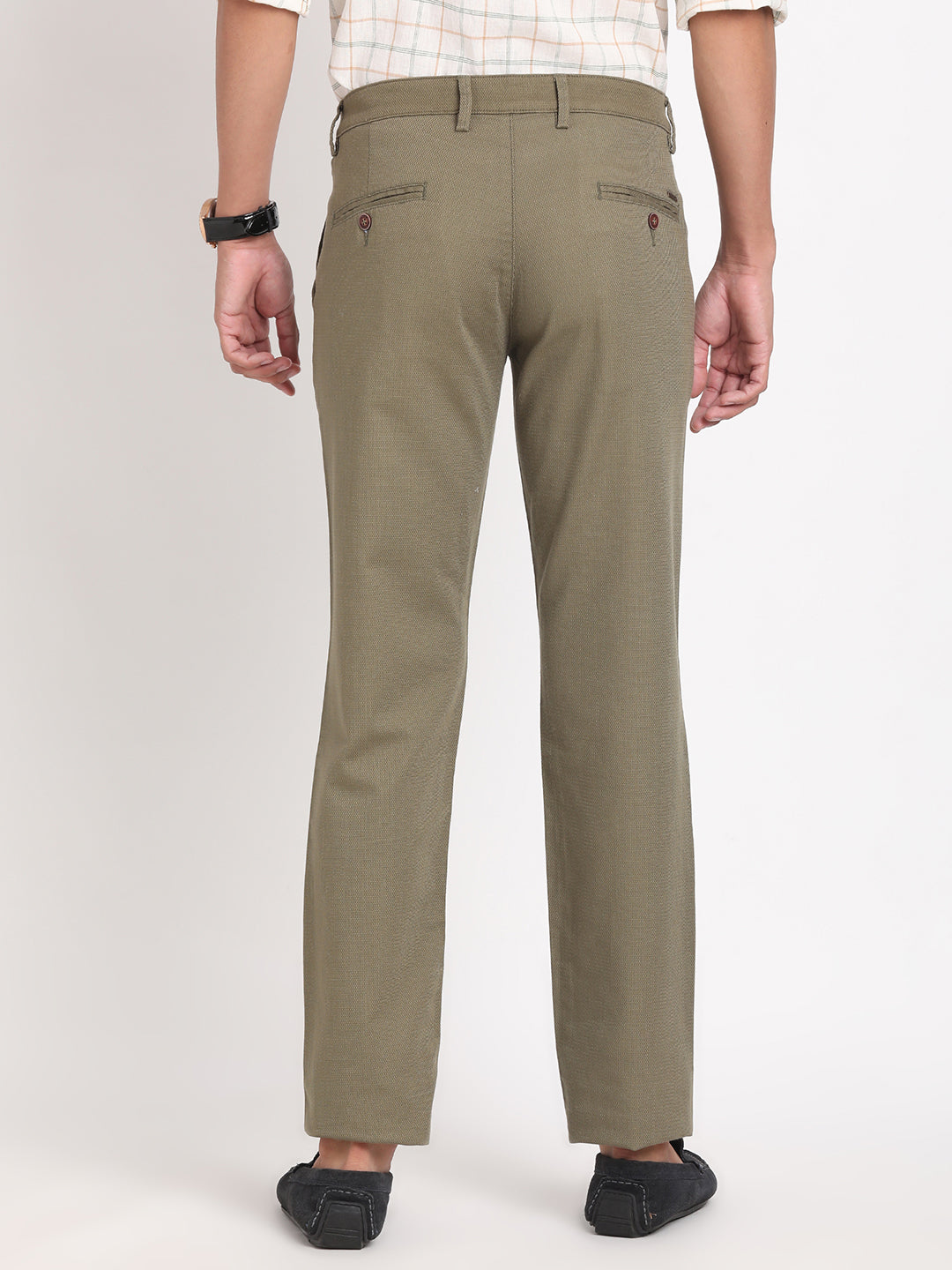 Cotton Stretch Olive Dobby Ultra Slim Fit Flat Front Casual Trouser