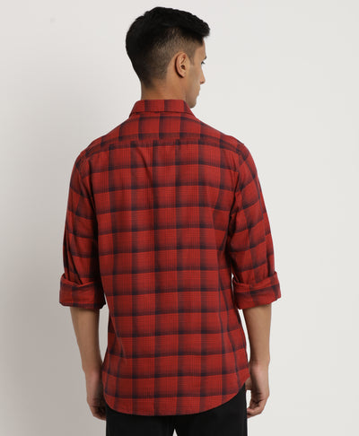 100% Cotton Red Checkered Slim Fit Full Sleeve Casual Shirt