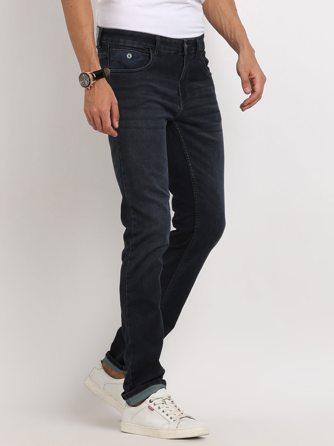 Cotton Stretch Dark Grey Plain Narrow Fit Flat Front Casual Jeans