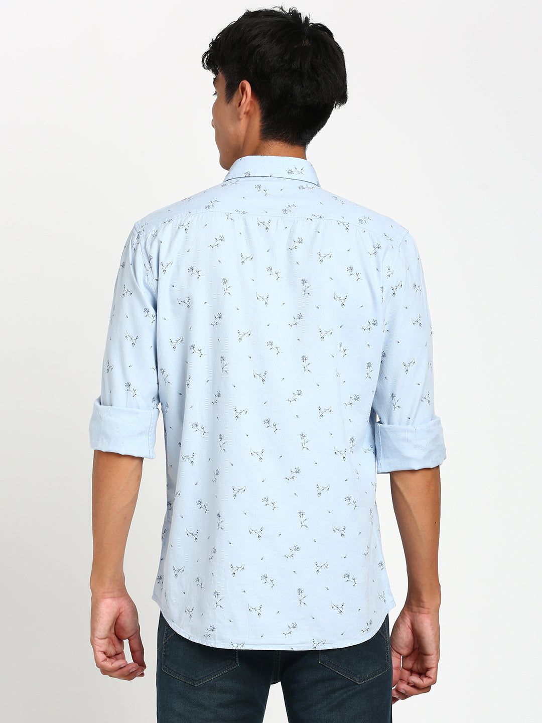 Cotton Tencel Blue Printed Slim Fit Full Sleeve Casual Shirt