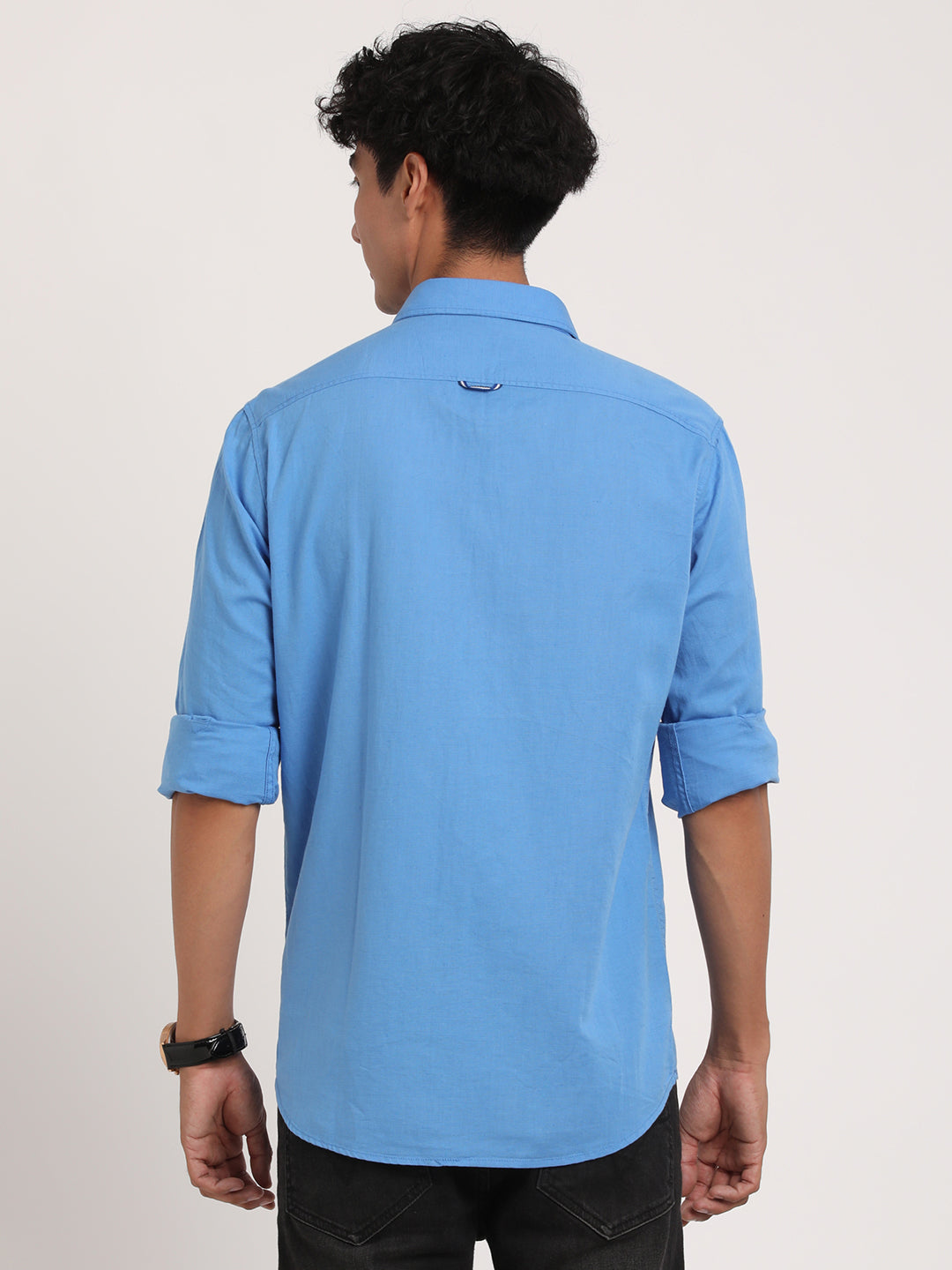 100% Cotton Blue Plain Slim Fit Full Sleeve Casual Shirt