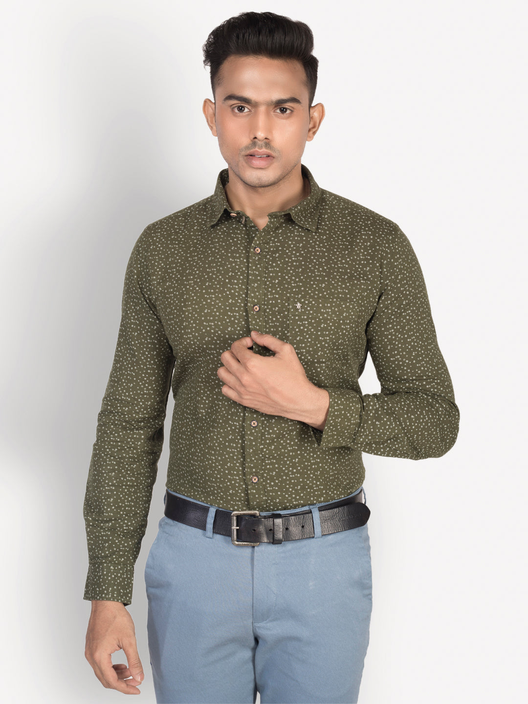 Cotton Linen Olive Printed Slim Fit Full Sleeve Casual Shirt