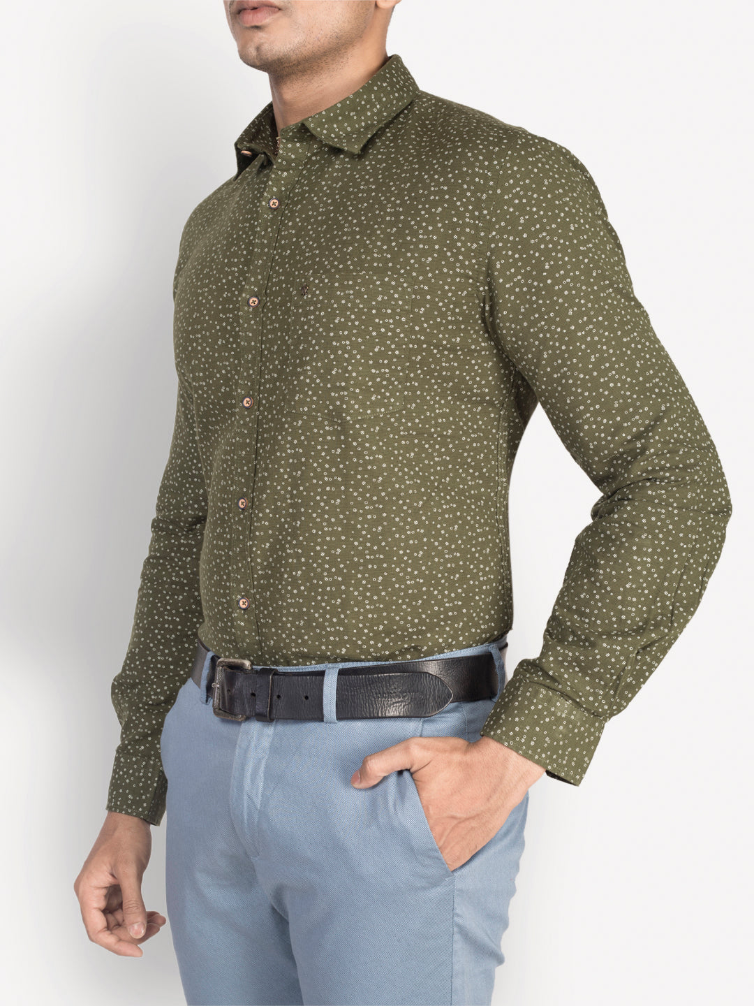Cotton Linen Olive Printed Slim Fit Full Sleeve Casual Shirt