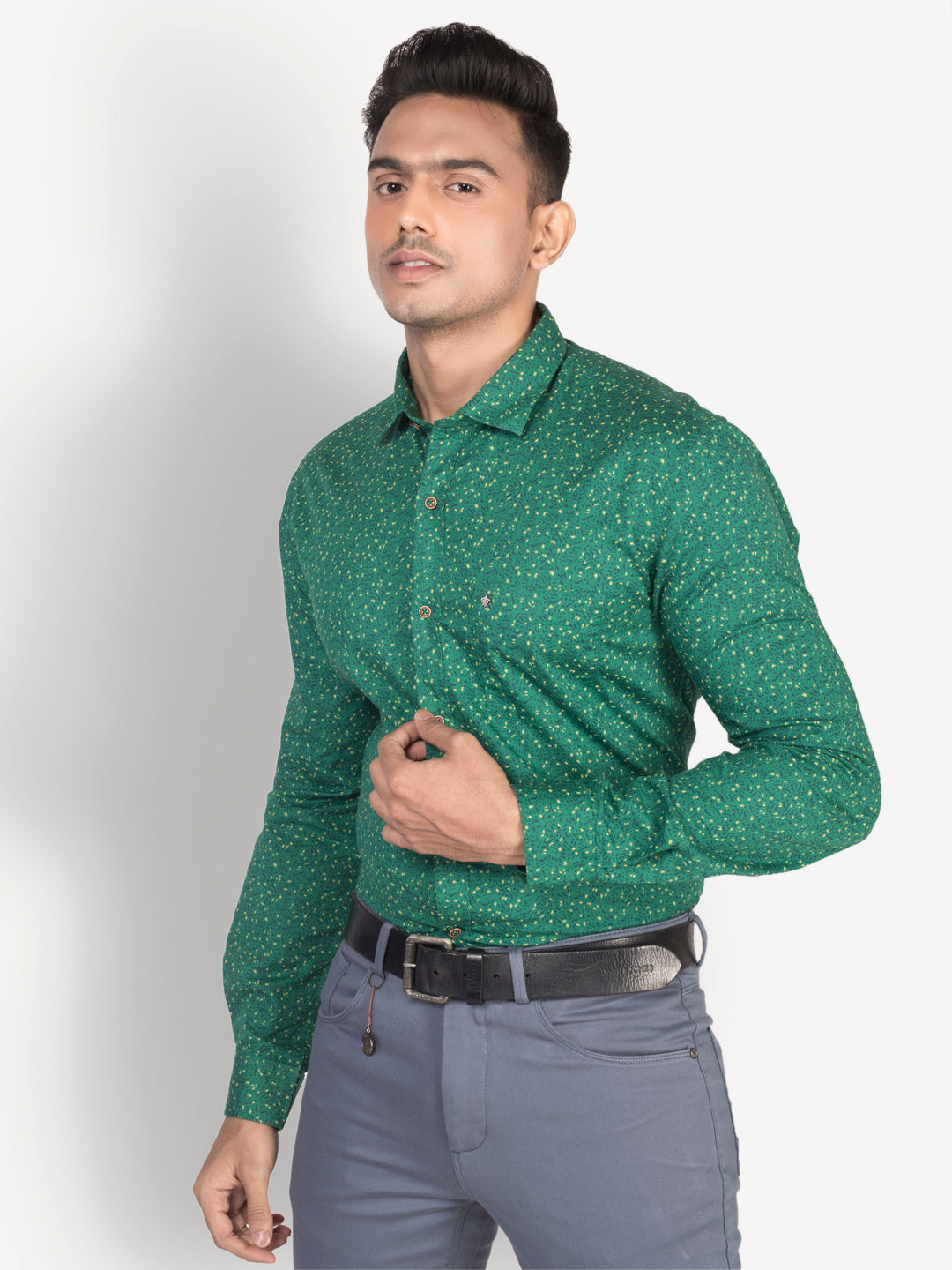 100% Cotton Green Printed Slim Fit Full Sleeve Casual Shirt