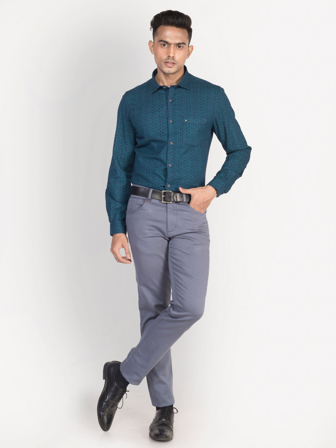 100% Cotton Indigo Blue Printed Slim Fit Full Sleeve Casual Shirt