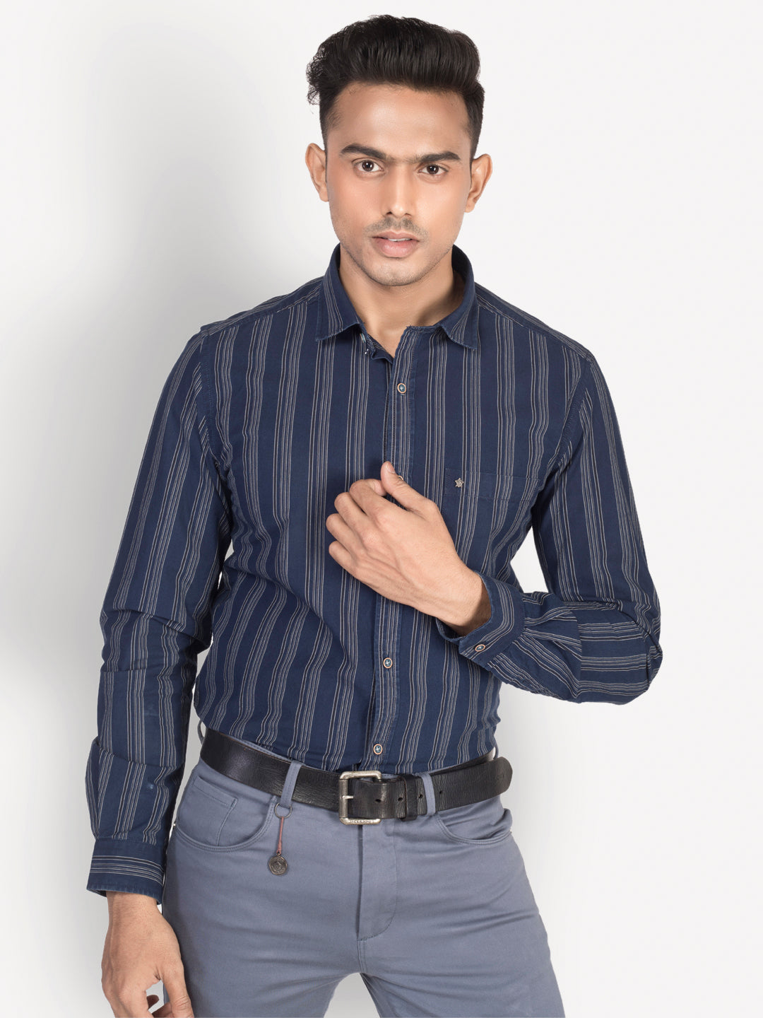 100% Cotton Indigo Blue Striped Slim Fit Full Sleeve Casual Shirt