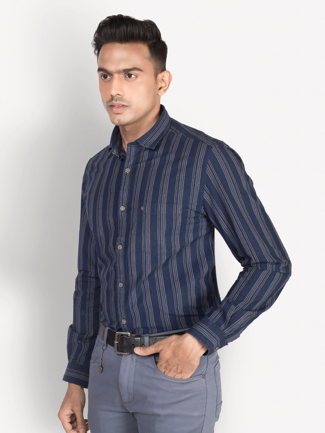 100% Cotton Indigo Blue Striped Slim Fit Full Sleeve Casual Shirt