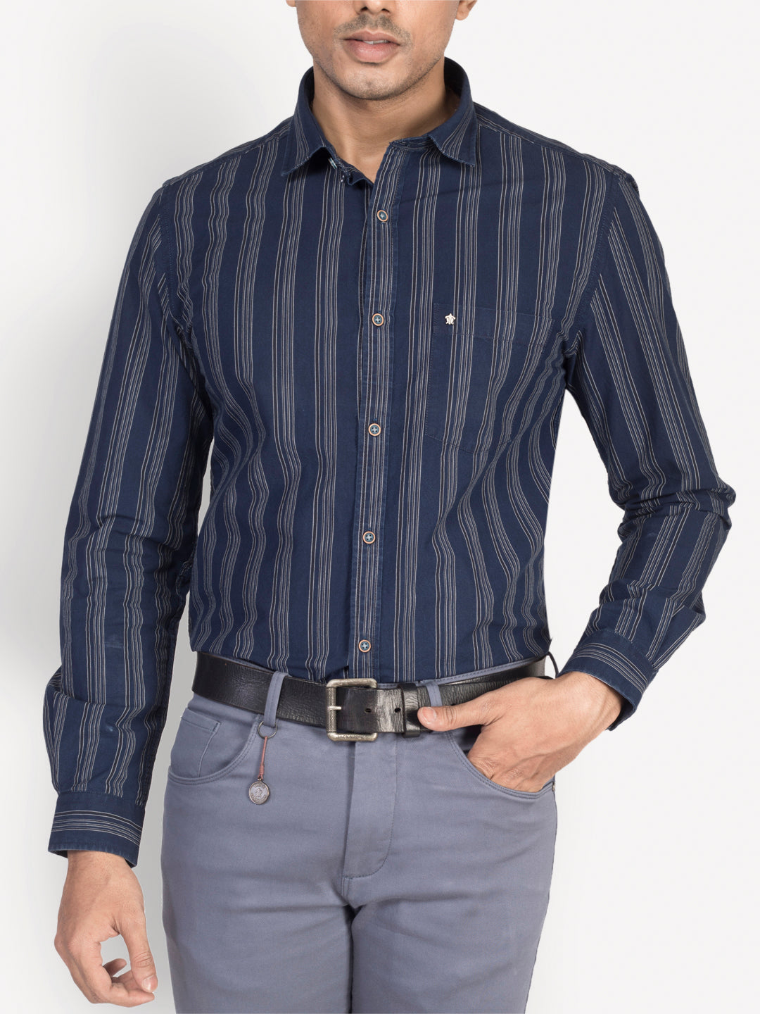 100% Cotton Indigo Blue Striped Slim Fit Full Sleeve Casual Shirt