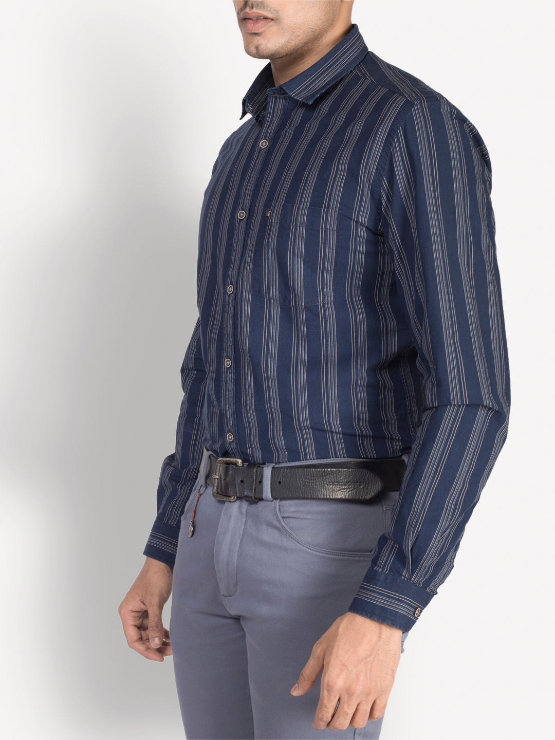 100% Cotton Indigo Blue Striped Slim Fit Full Sleeve Casual Shirt