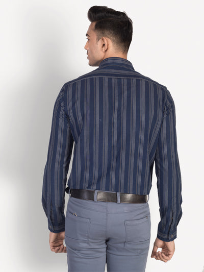 100% Cotton Indigo Blue Striped Slim Fit Full Sleeve Casual Shirt