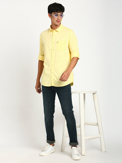 Cotton Tencel Yellow Printed Slim Fit Full Sleeve Casual Shirt