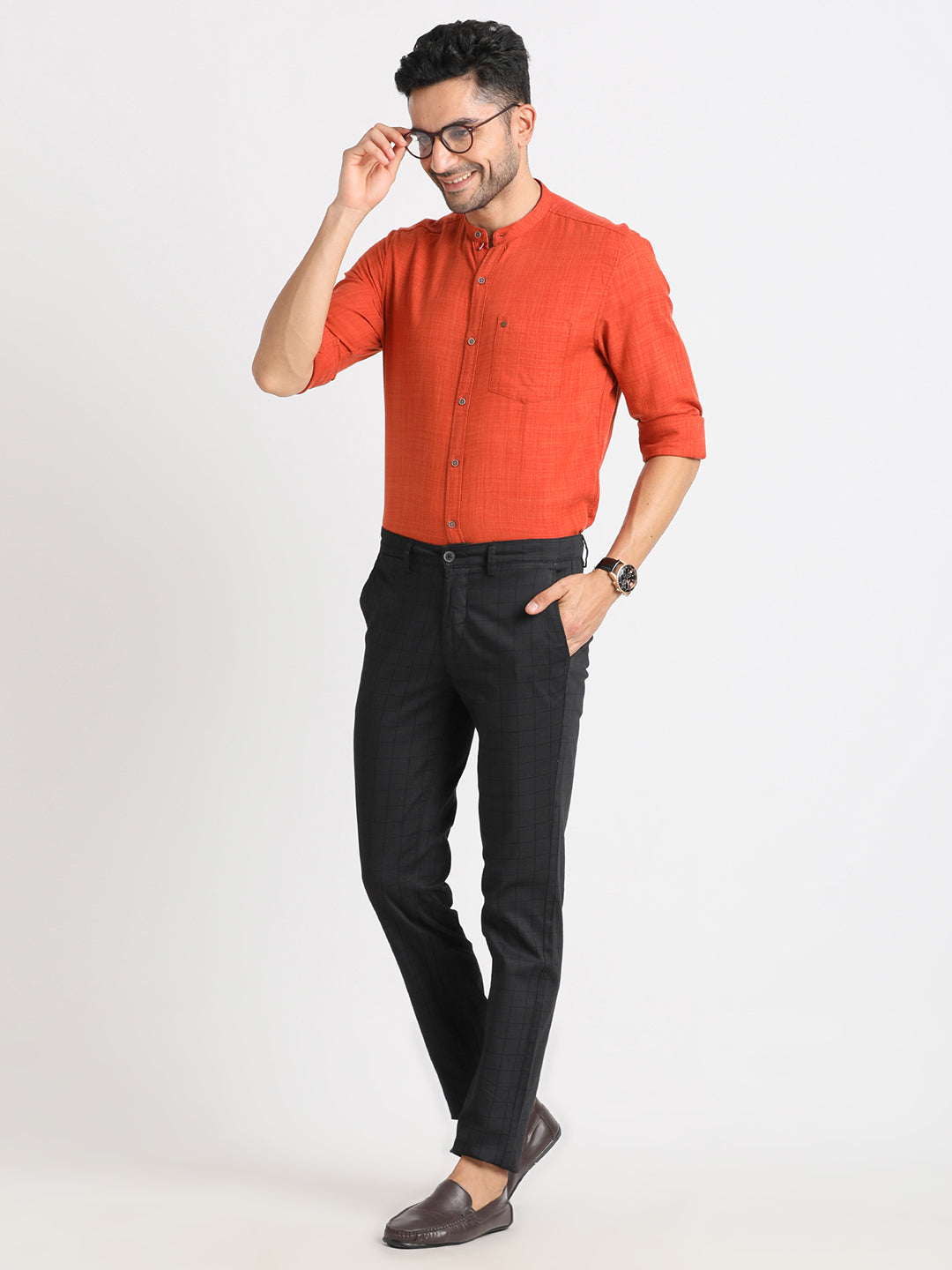 Cotton Lyocell Orange Plain Slim Fit Full Sleeve Casual Shirt