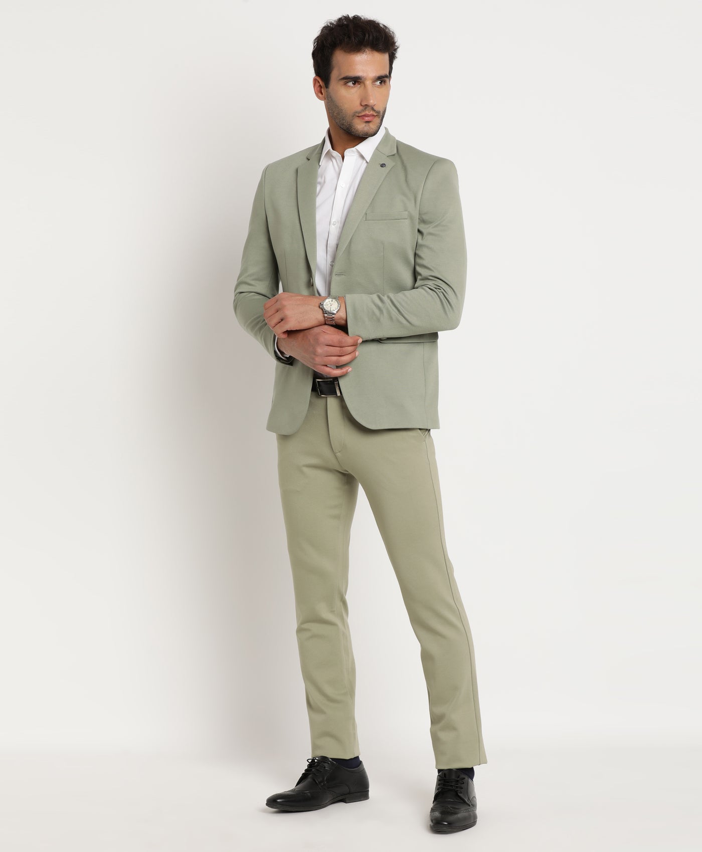 Cotton Stretch Pista Green Plain Ultra Slim Fit Flat Front Casual Trouser