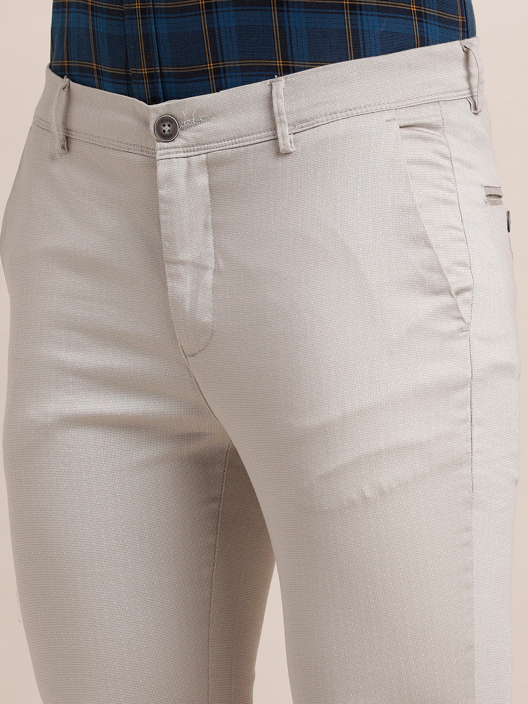 Cotton Stretch Off White Printed Narrow Fit Flat Front Casual Trouser