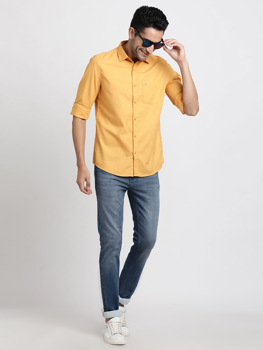 100% Cotton Mustard Yellow Plain Slim Fit Full Sleeve Casual Shirt