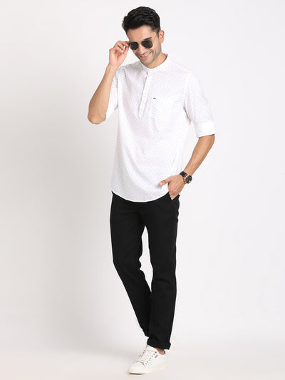 100% Cotton White Printed Kurta Full Sleeve Casual Shirt