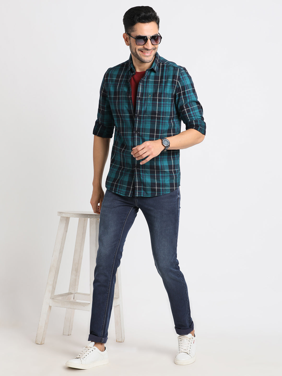 Cord Dark Blue Checkered Slim Fit Full Sleeve Casual Shirt