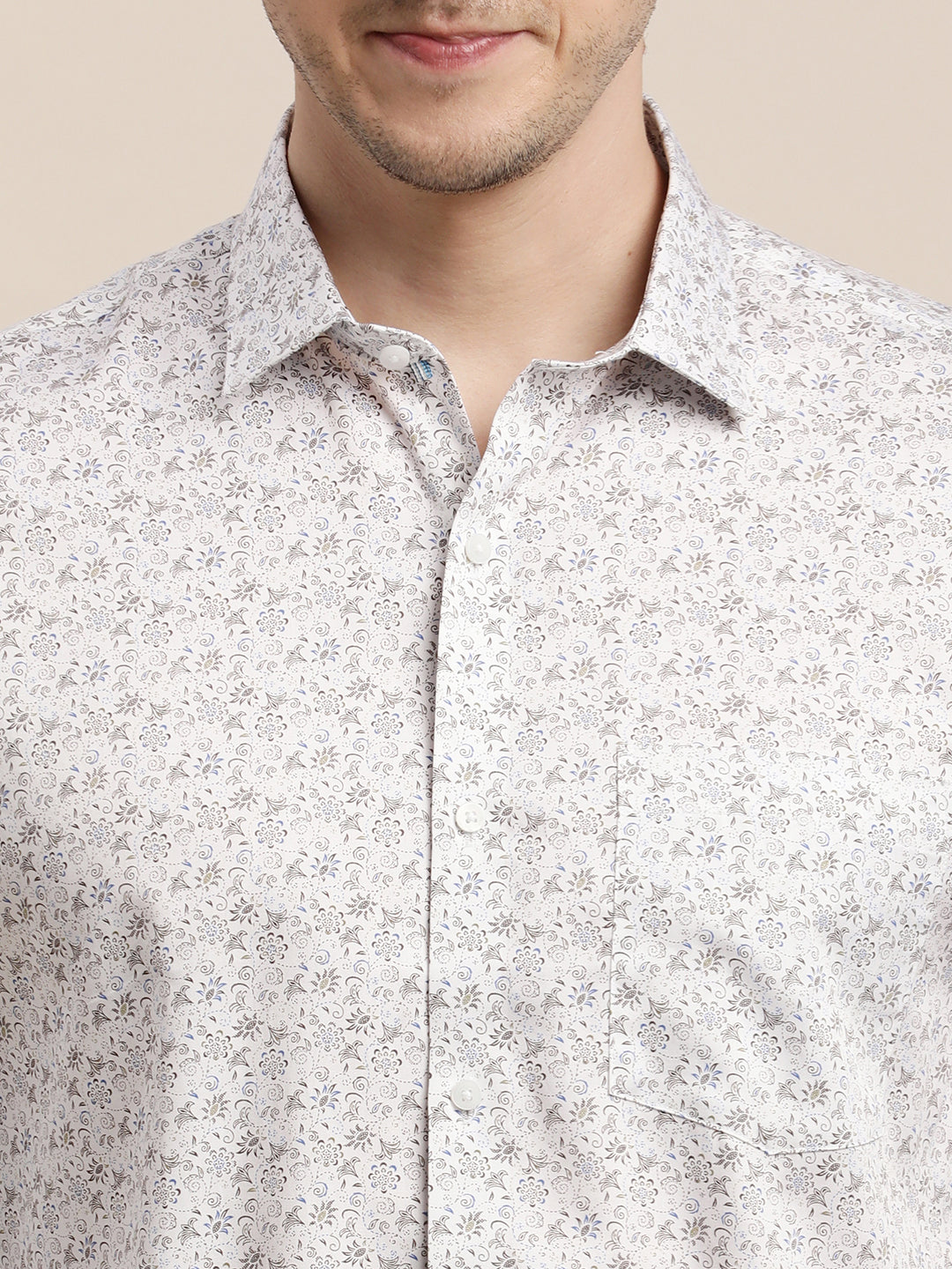 100% Cotton White Printed Slim Fit Full Sleeve Formal Shirt