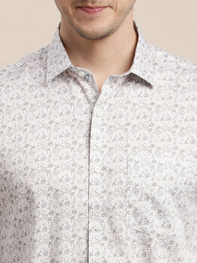 100% Cotton White Printed Slim Fit Full Sleeve Formal Shirt