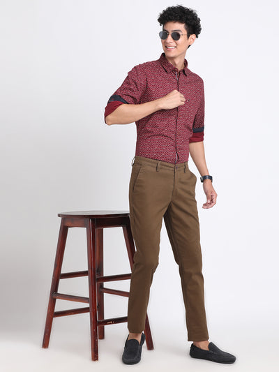 Cotton Stretch Brown Dobby Narrow Fit Flat Front Casual Trouser