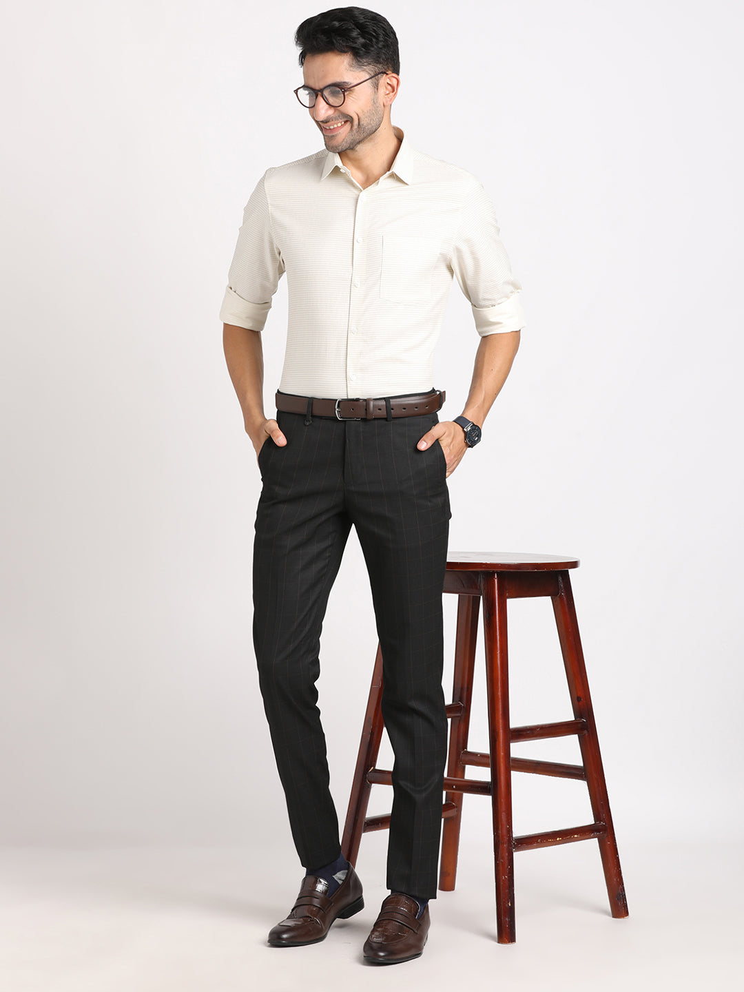 Cotton Tencel Cream Printed Slim Fit Full Sleeve Formal Shirt