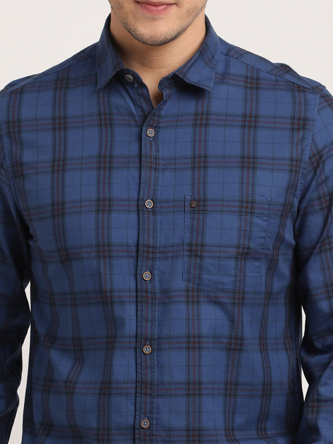 100% Cotton Blue Checkered Slim Fit Full Sleeve Casual Shirt