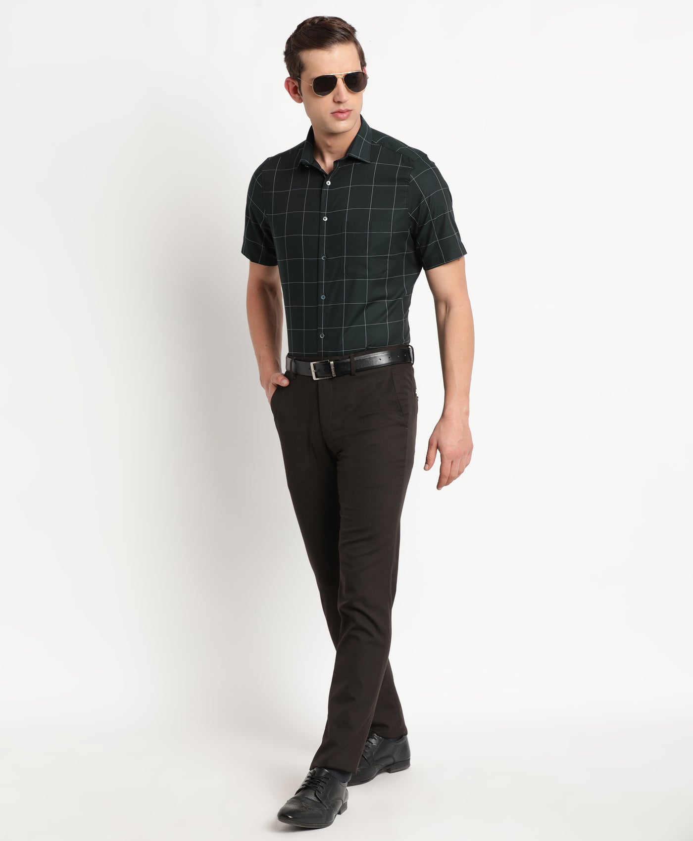 100% Cotton Dark Green Checkered Regular Fit Half Sleeve Formal Shirt