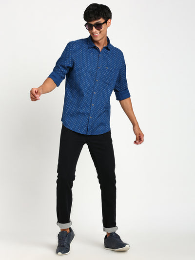 100% Cotton Blue Printed Slim Fit Full Sleeve Casual Shirt