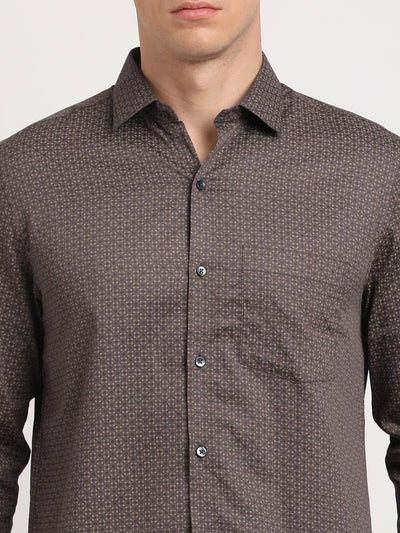 100% Cotton Brown Printed Slim Fit Full Sleeve Formal Shirt