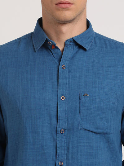 Cotton Lyocell Blue Plain Slim Fit Full Sleeve Casual Shirt