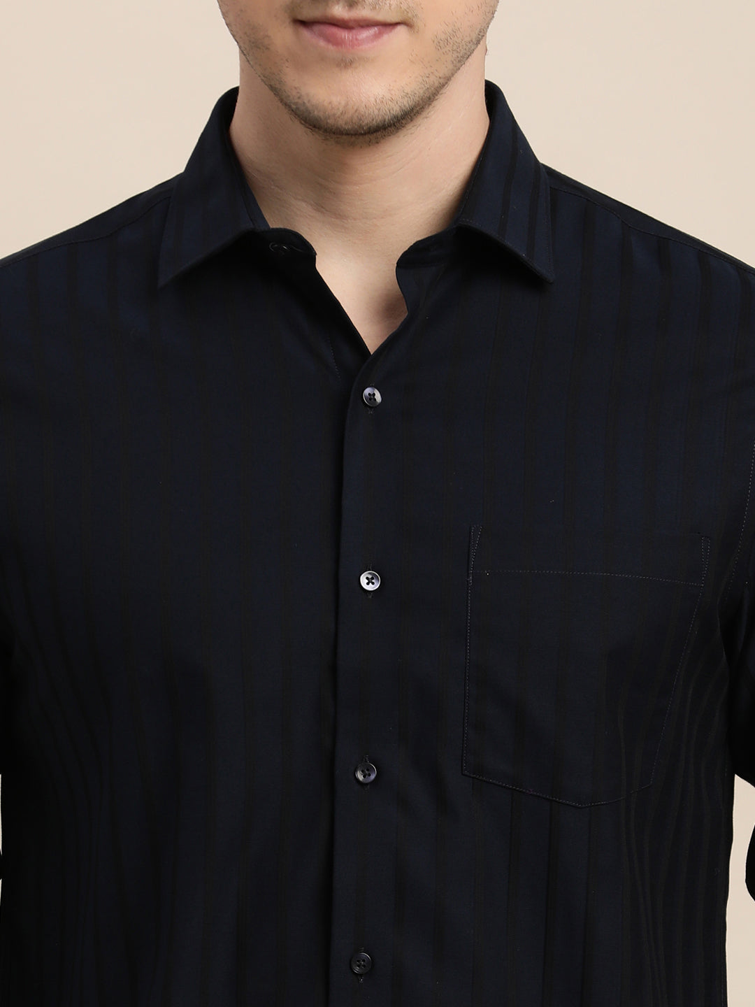 100% Cotton Navy Blue Striped Slim Fit Full Sleeve Formal Shirt