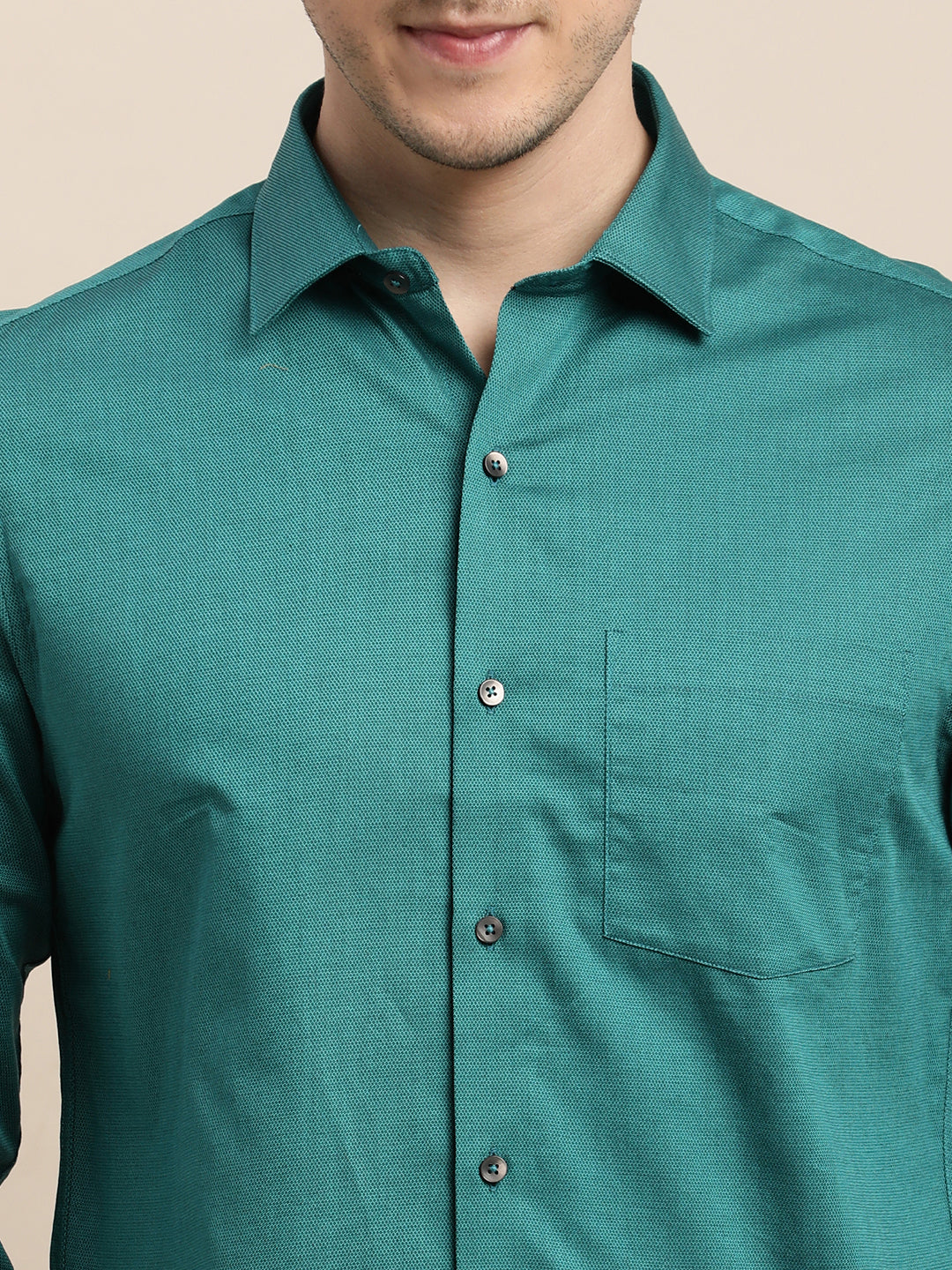 100% Cotton Green Dobby Slim Fit Full Sleeve Formal Shirt