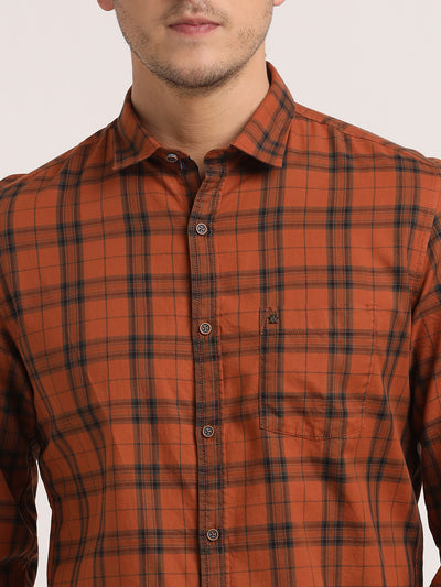 100% Cotton Orange Checkered Slim Fit Full Sleeve Casual Shirt