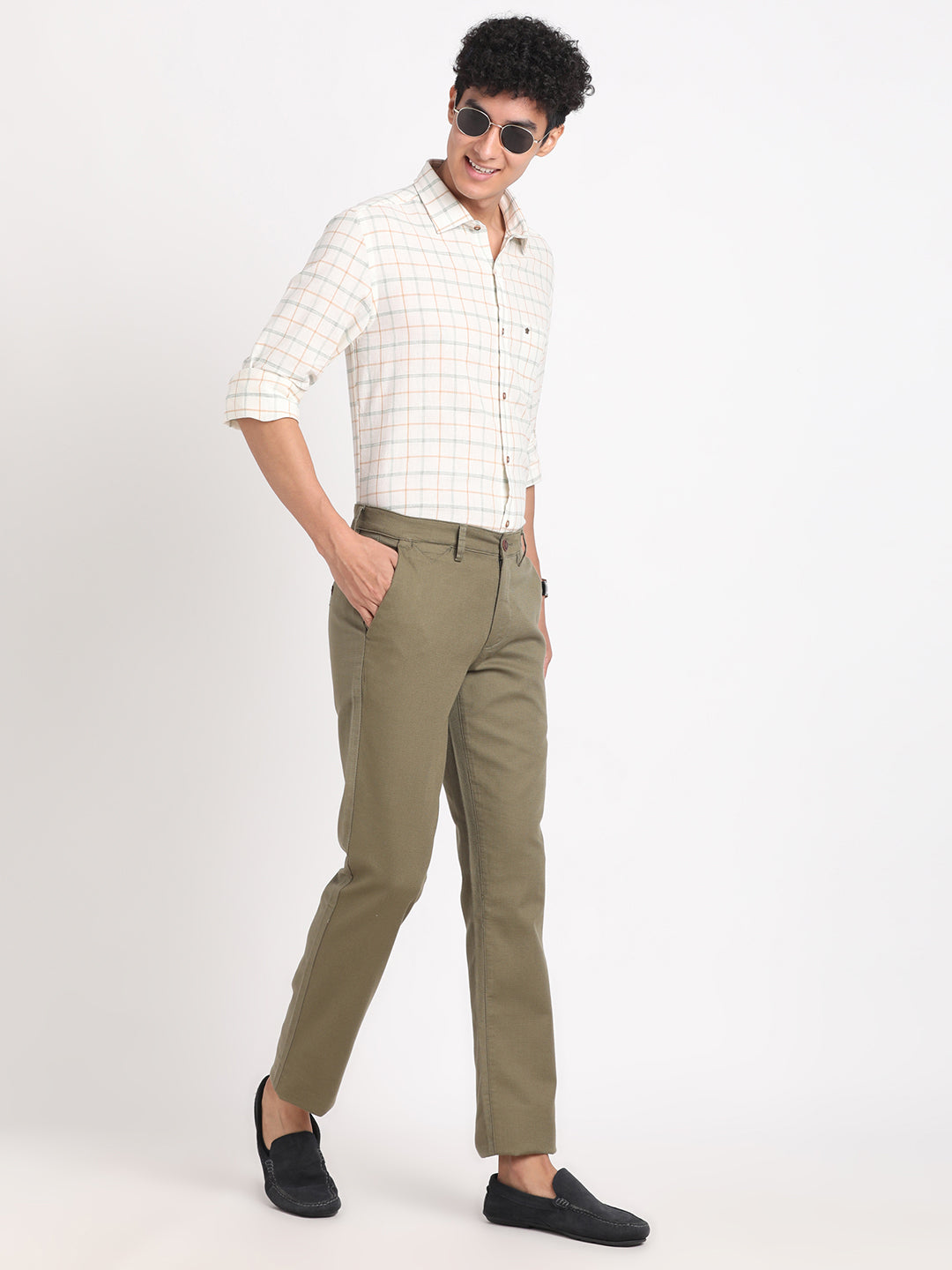 Cotton Stretch Olive Dobby Ultra Slim Fit Flat Front Casual Trouser