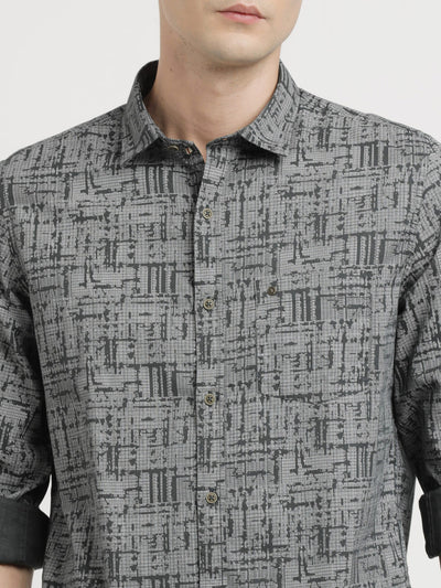 100% Cotton Grey Printed Slim Fit Full Sleeve Casual Shirt