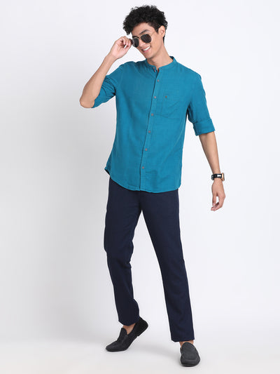 Cotton Lyocell Teal Blue Plain Slim Fit Full Sleeve Casual Shirt