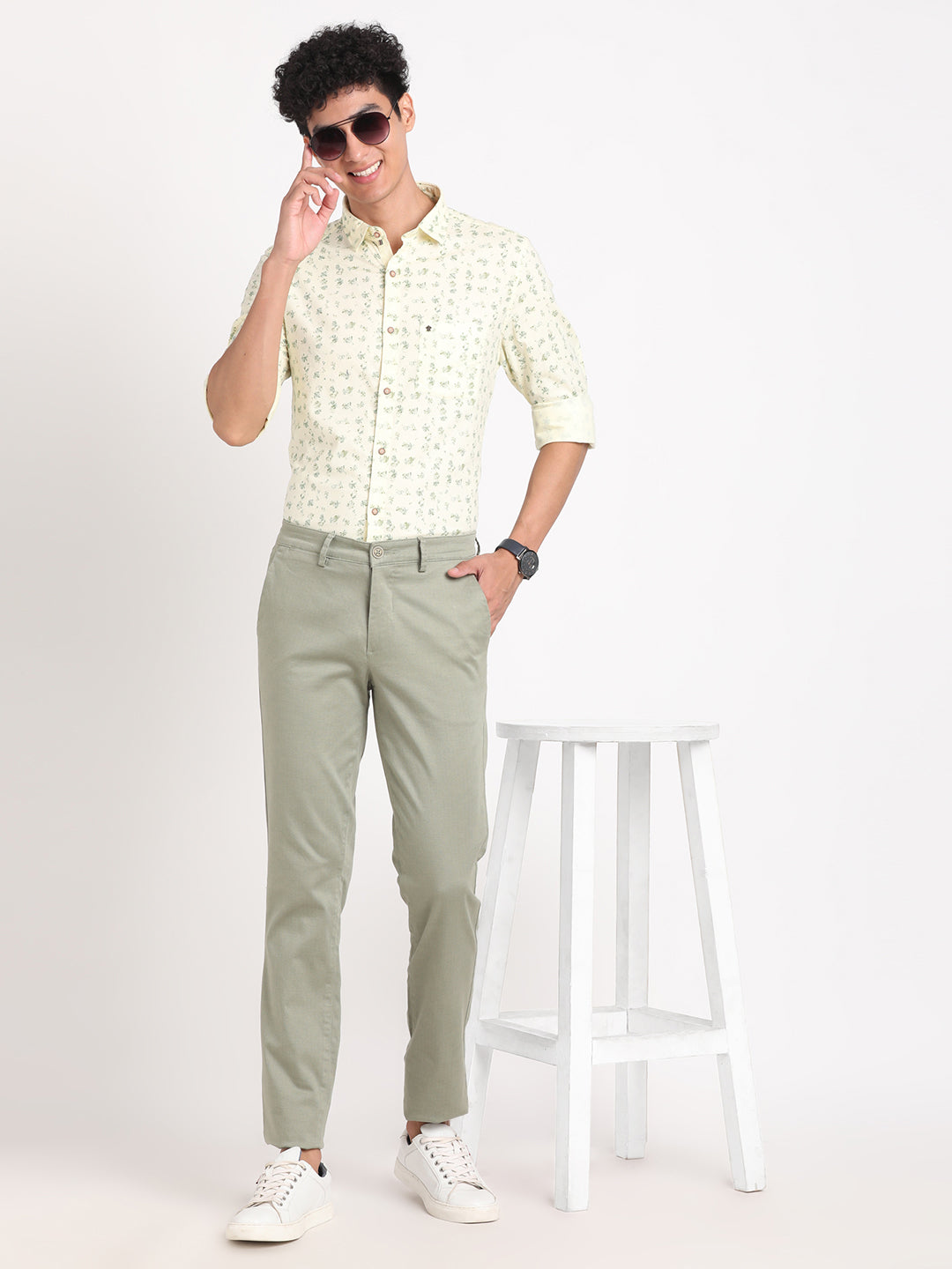 Cotton Stretch Olive Printed Ultra Slim Fit Flat Front Casual Trouser